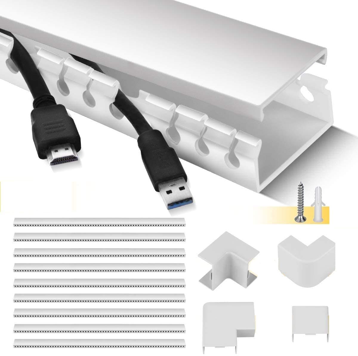 Cable Trunking Kit - 9 Pieces, 3.5 Meter Open Slot Desk Cable Management, Self-Adhesive Cable Tidy, Hide Cords for Computer, Cable Raceway Organiser for Home Office - 9XL39cm W4cm H2cm, White
