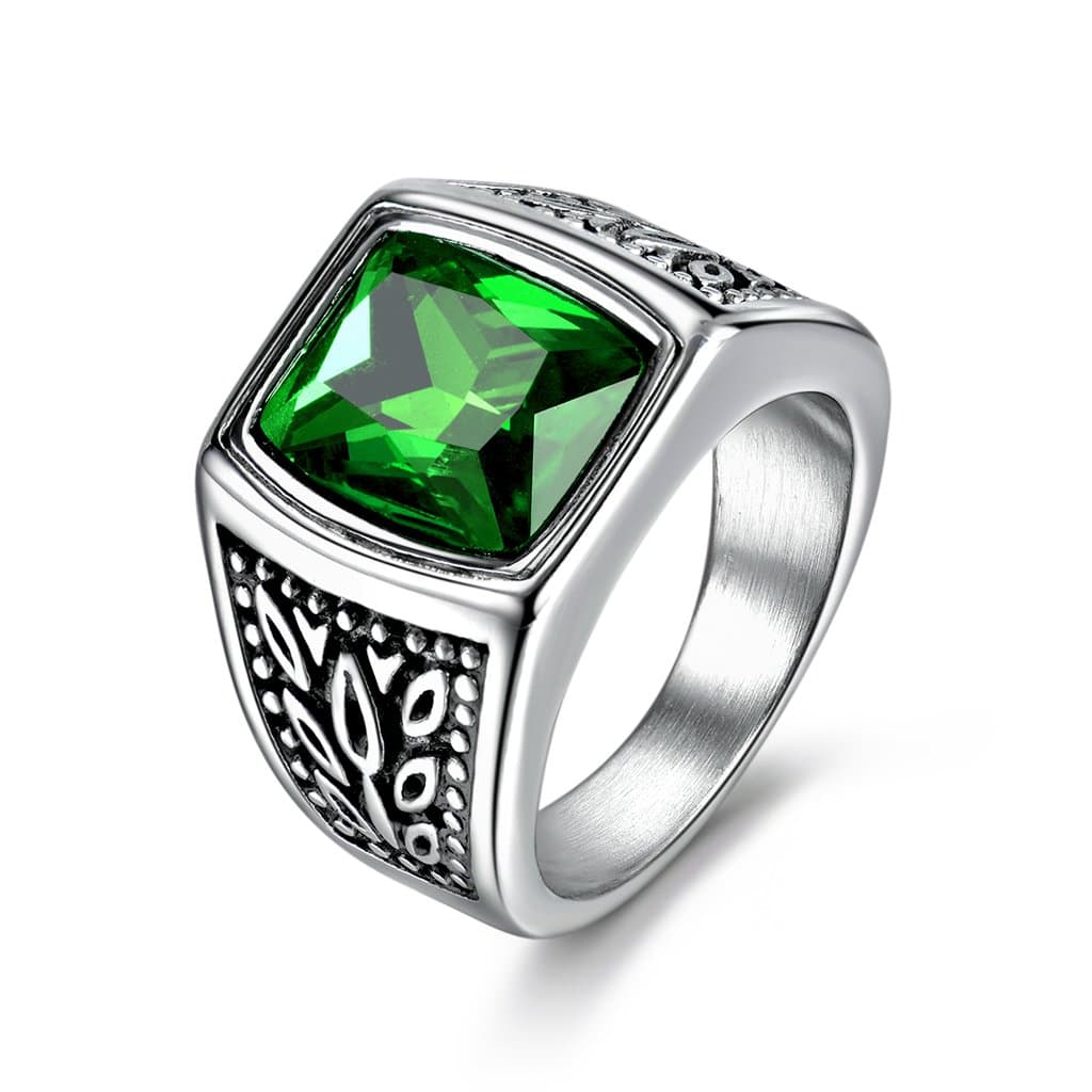Jewelry Men's Stainless Steel Wide Identify Ring Green Emerald Color Square Stone