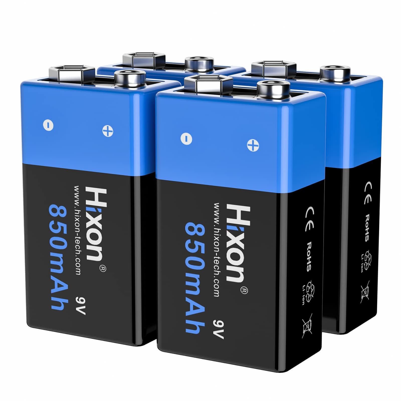 Hixon Rechargeable 9V Batteries 850mAh High Capacity 9V Batteries (4 Pack) 9 Volt Lithium Batteries for Smoke Alarms Multimeter Flashlights Metal Detector Electronic Toy & More(Charger NOT Included)