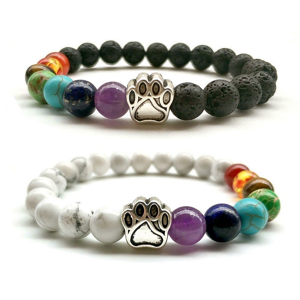 Natural Stone 7 Chakra Dog Paw Charm Lava Rock Mala Beads Elastic Bracelet Yoga Meditation Healing Bangle