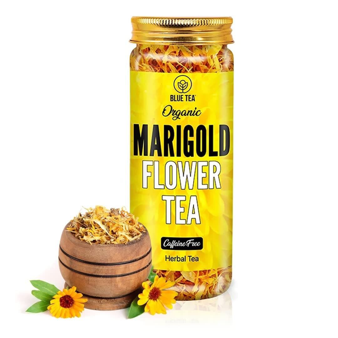 BLUE TEA - Marigold Tea - 25 gm - 25 cups | Natural Sun Dried Marigold Flower | RELIEVES PAIN | Caffeine Free - Flower Based - Herbal Tea - Non-GMO - Non Bitter | Shark Tank Featured | Pet Jar