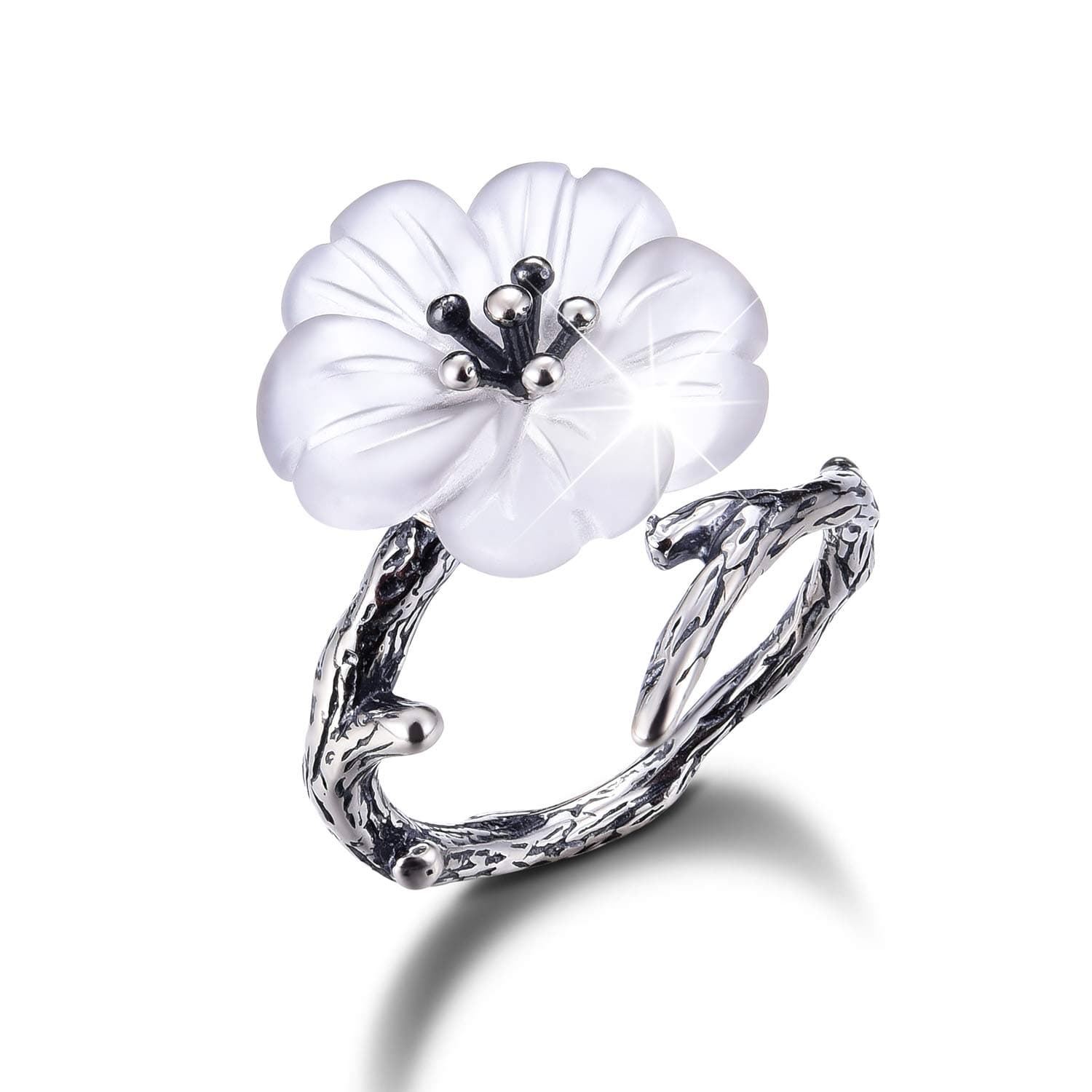 Lotus FunS925 Sterling Silver Ring Flower in the Rain Open Simulated Crystal Ring Handmade Jewelry Unique Gifts for Women