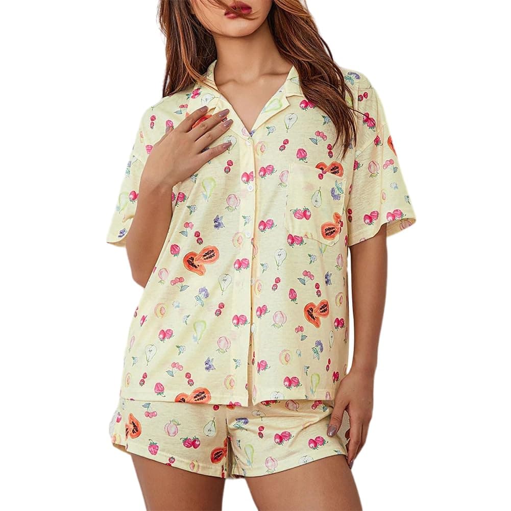 FHNUVBWomen's 2 Piece Fruit Pajama Set Short Cute Pjs Floral Comfy Preppy Pjs Coquette Pajamas Crew Neck Lounge Sets