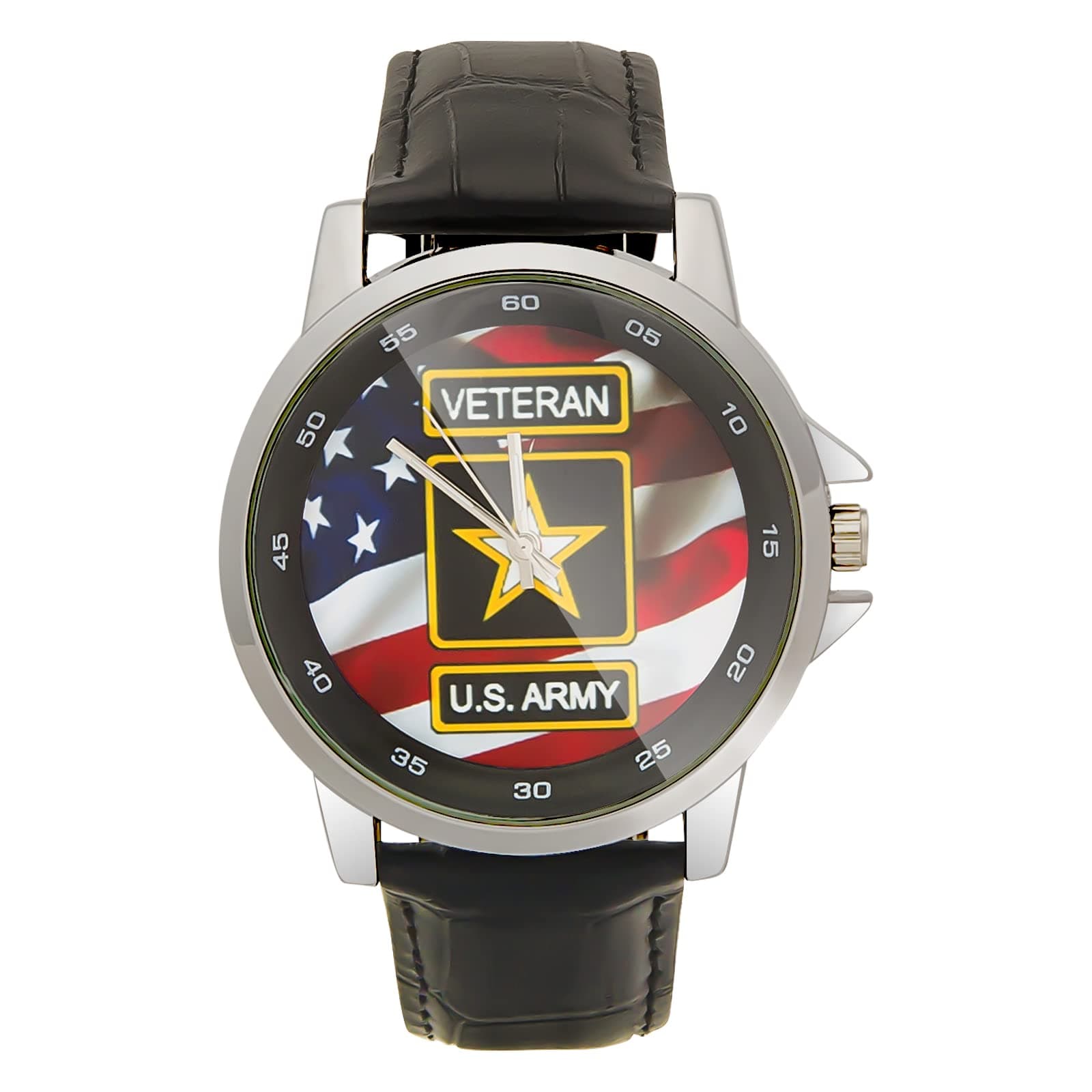 US Army WatchSpecial Design Military US Army Veteran and American Flag Custom Unisex Stainless Steel Leather Strap Watch Metal Case, Tempered Glass, Black Leather Band