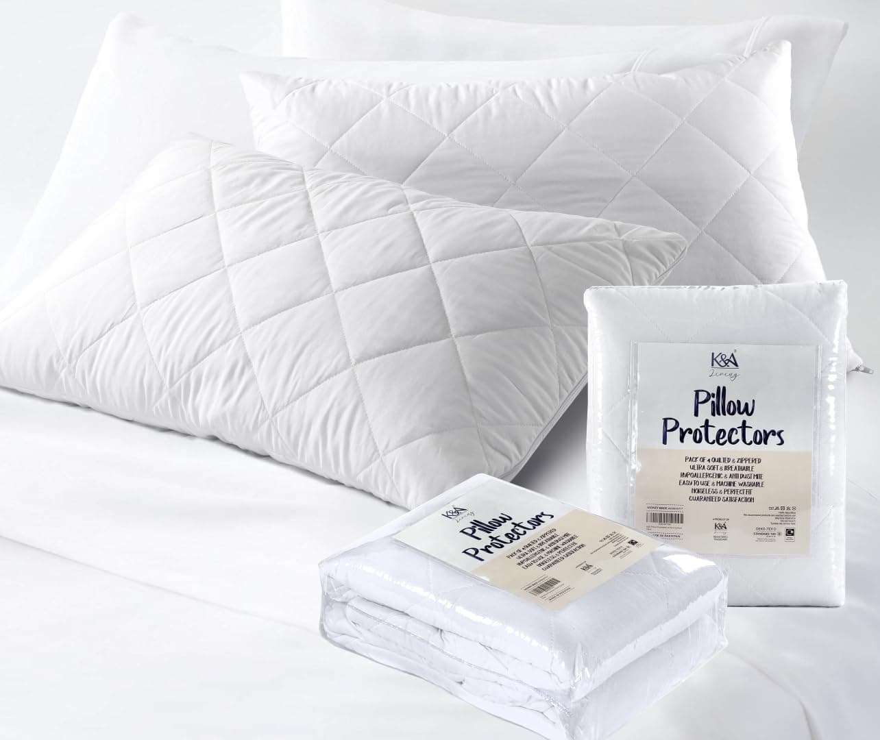 K&A® Quilted Pillow Protectors 2 Pack Zipped | Ultra Luxe, Soft, Noiseless and Breathable Microfiber Pillow Case Protector | Hypoallergenic and Anti Allergy Pillow Protectors | UK Standard 48x74 CM