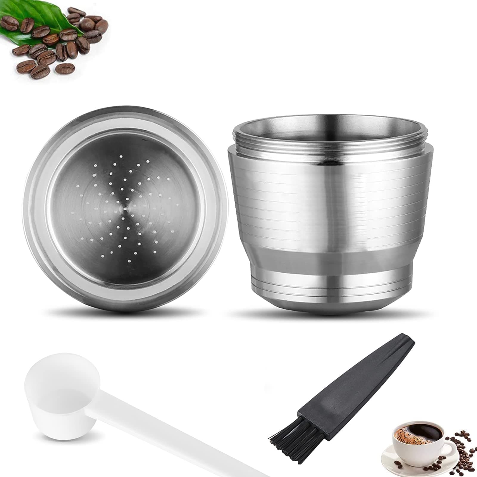 Amecty New Refillable Coffee Capsule Cup, Stainless Steel Metal Reusable Capsules Pods for Nesspresso with Slicone O-Ring, Spoon and Brush (Silver)