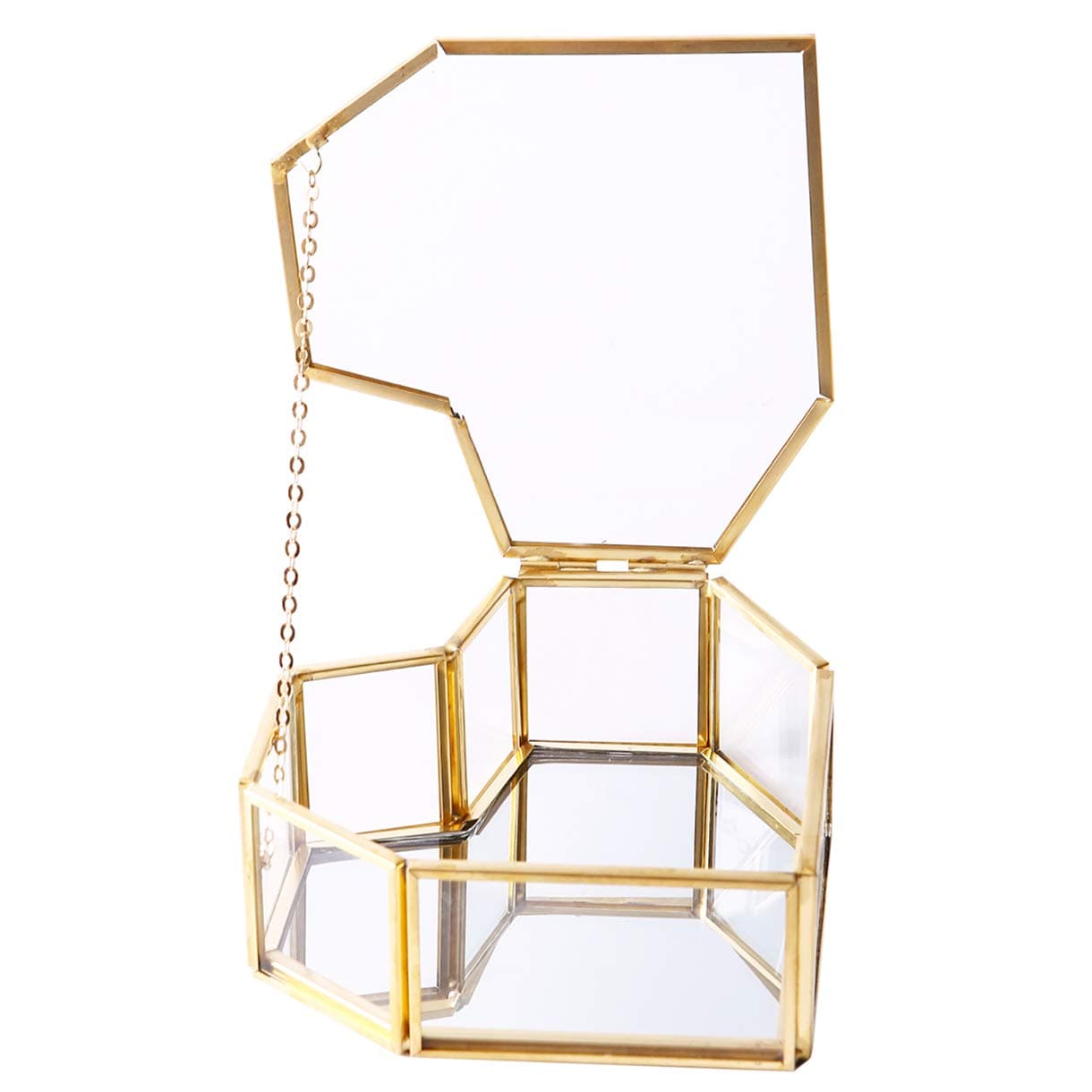 Heart-Shaped Golden Glass Jewelry Box, Small Jewel Display Clear Glass Case Organizers Lidded Treasure Box for Desktop, Dresser, Bathroom and Home Decor, Gold Brass Edge