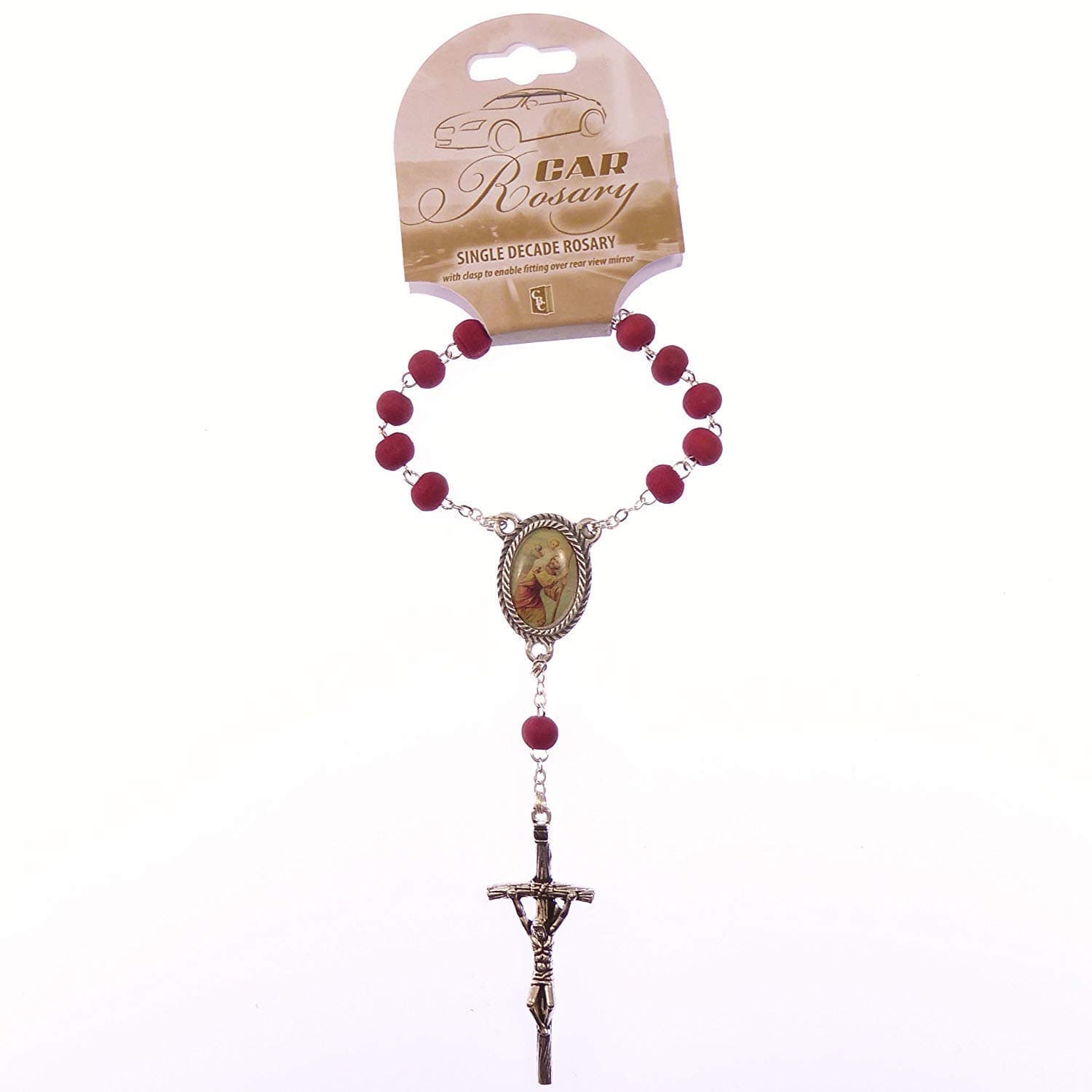 Catholic Silver chain scented red wood single decade pocket car rosary beads St. Christopher & papal crucifix
