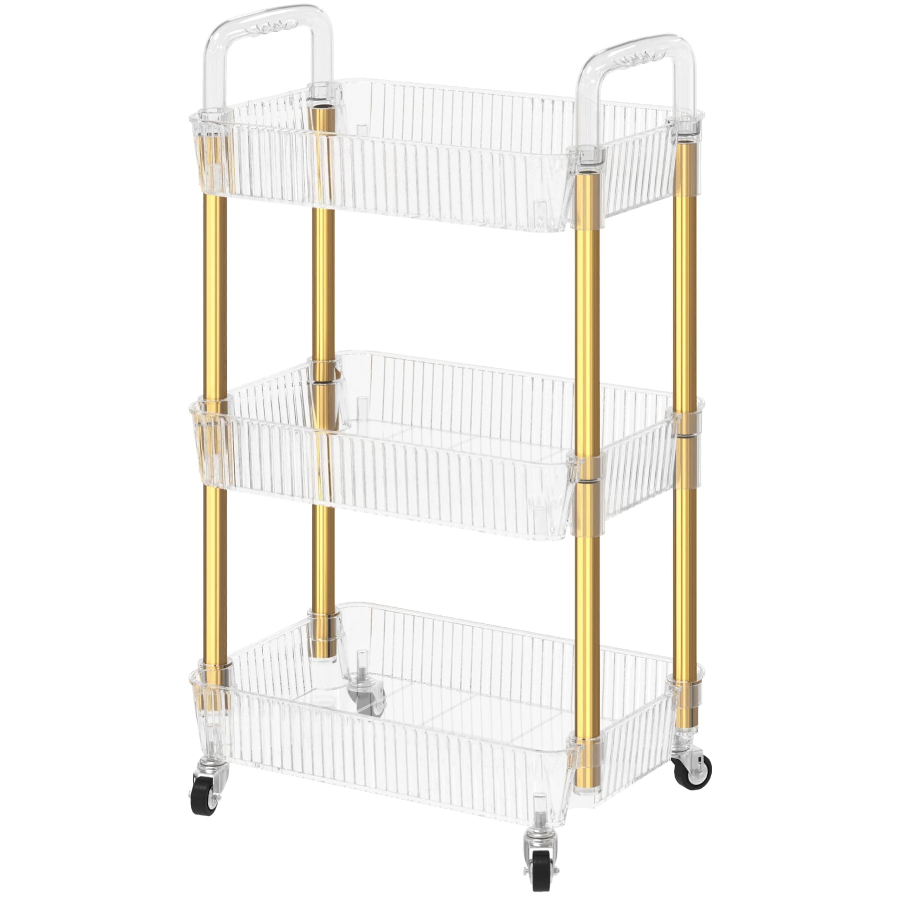 Dttwacoyh 3-Tier Rolling Cart,Makeup Cart with Wheels,Snack Cart,PET and Metal Rolling Cart for Living Room,Kitchen,Office,Bathroom,Golden