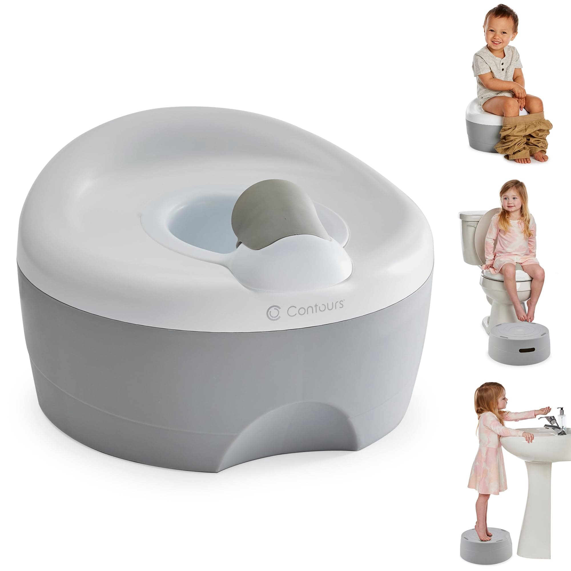 Contours Bravo 3 in 1 Toddler Potty Training Toilet, Trainer and Step Stool for Kids, Easy to Clean Design with Removable Waste Cup and Splash Guard, Great for Travel, Perfect for Boys 1-3 - Gray