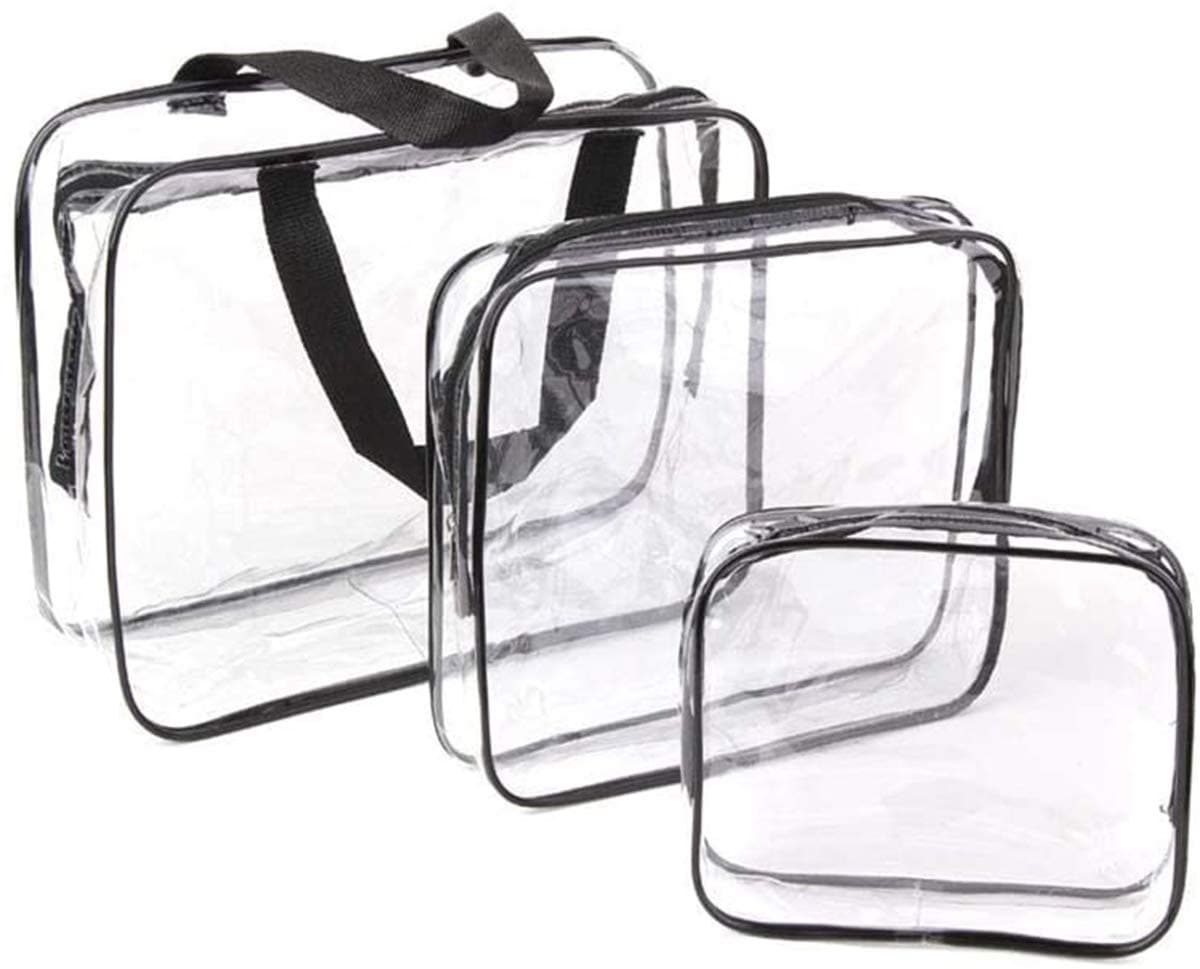 Meterk 3 Pcs Clear PVC Toiletries Bag, Portable Zippered Cosmetic Bag Carry Pouch Waterproof Makeup Bag Cosmetic Organizer Case for Travel, Bathroom(Black)