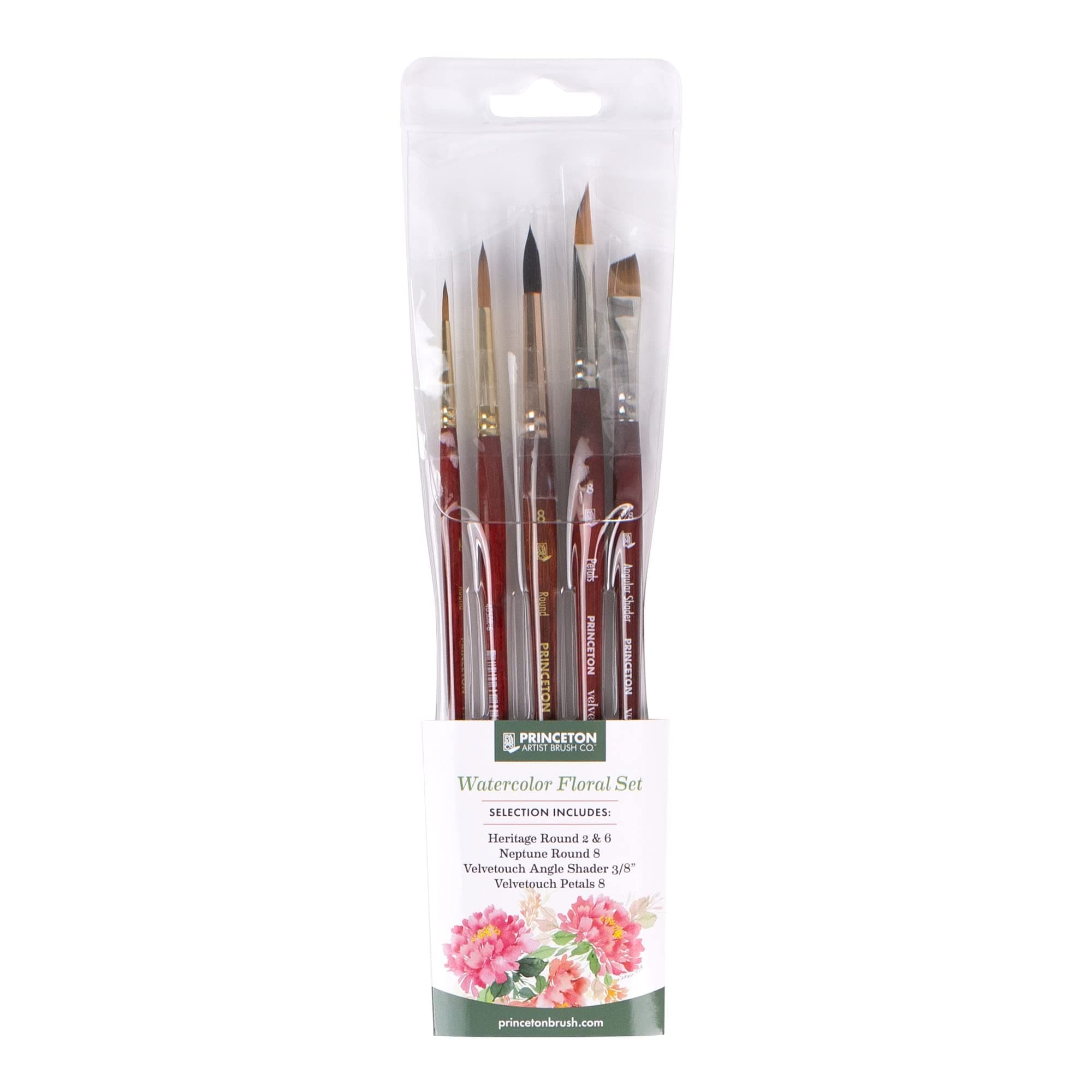 Watercolor Floral Set - 5pc Short Handle Selection of Synthetic Watercolor Brushes - Petals Angle Shader and 3 Round Watercolor Paint Brushes for Floral Painting Techniques
