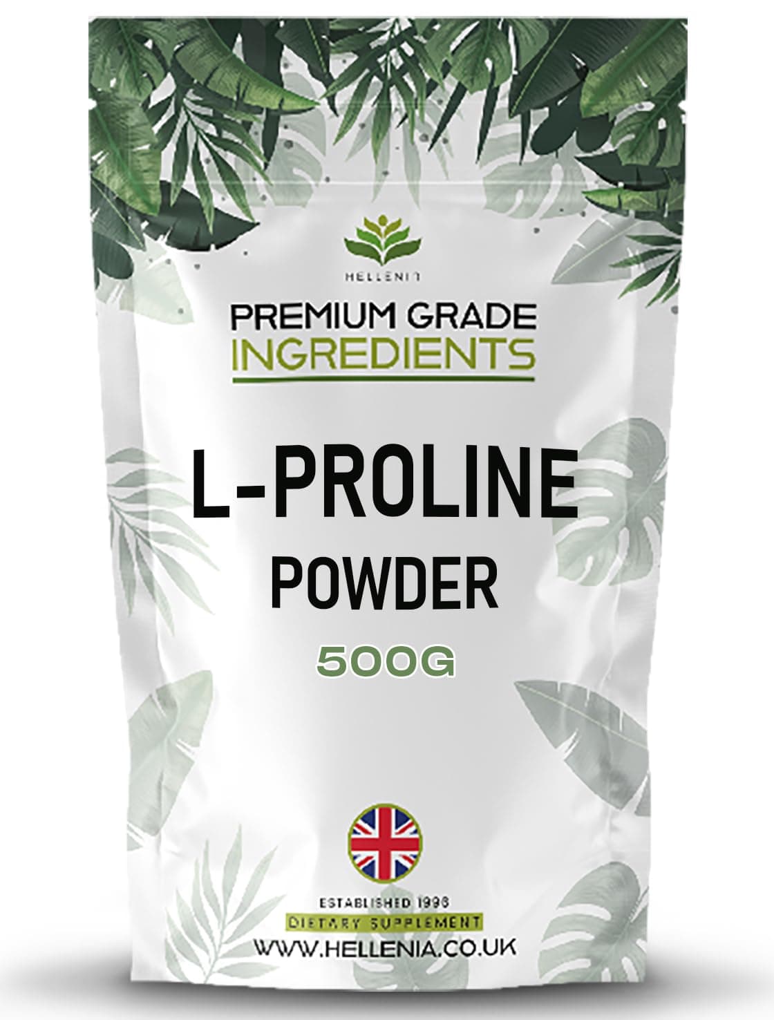 L-Proline Powder 500g - Premium Grade Ingredients - Pure Proline Powder | Amino Acid | Suitable for Vegans | GMP Certified Product | Made in The UK by Hellenia
