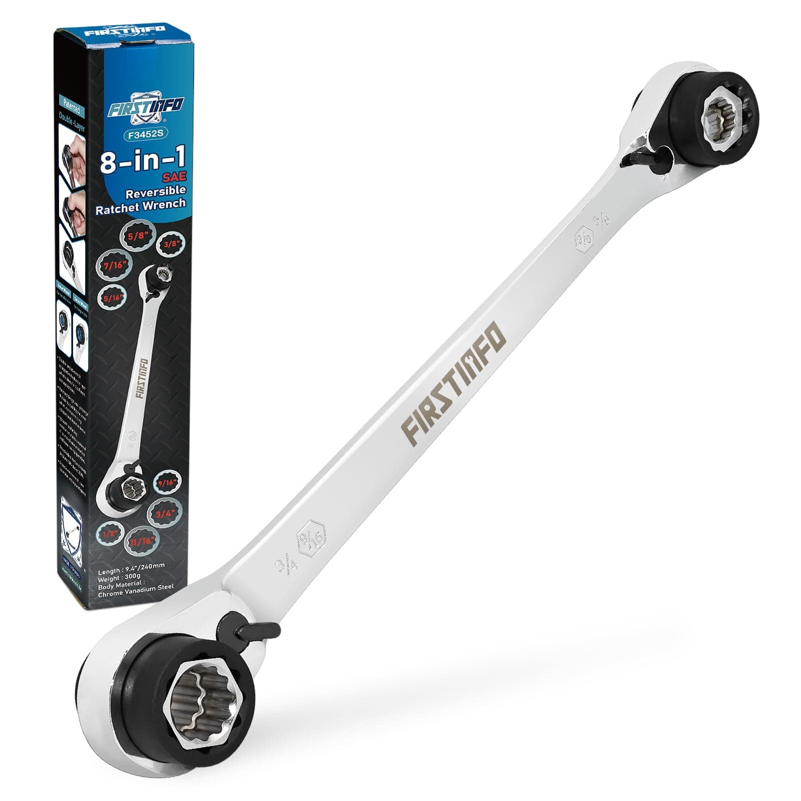 良匠 FIRSTINFO TOOLS 8-in-1ラチェットレンチ 5/16" 3/8" 7/16" 1/2" 9/16" 5/8" 11/16" 3/4" 12角 CR-V鋼材質 8サイズ対応