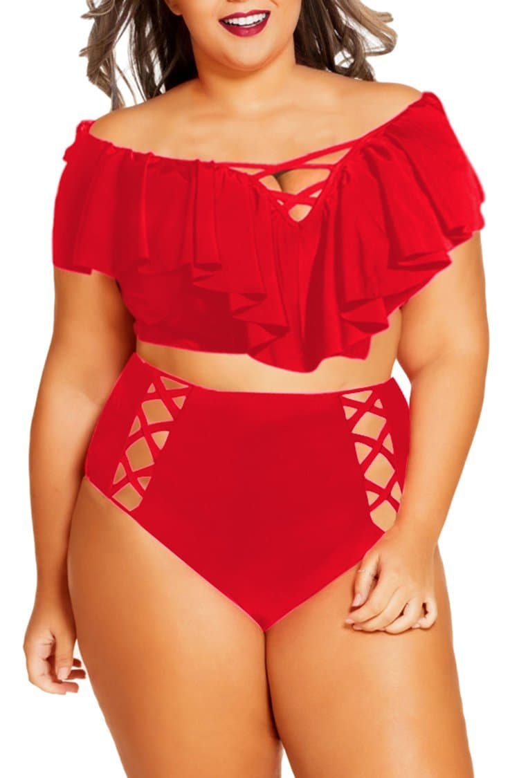 Kisscynest Women's Plus Size Swimwear 2 Piece High Waisted Swimsuit Ruffle Bikini