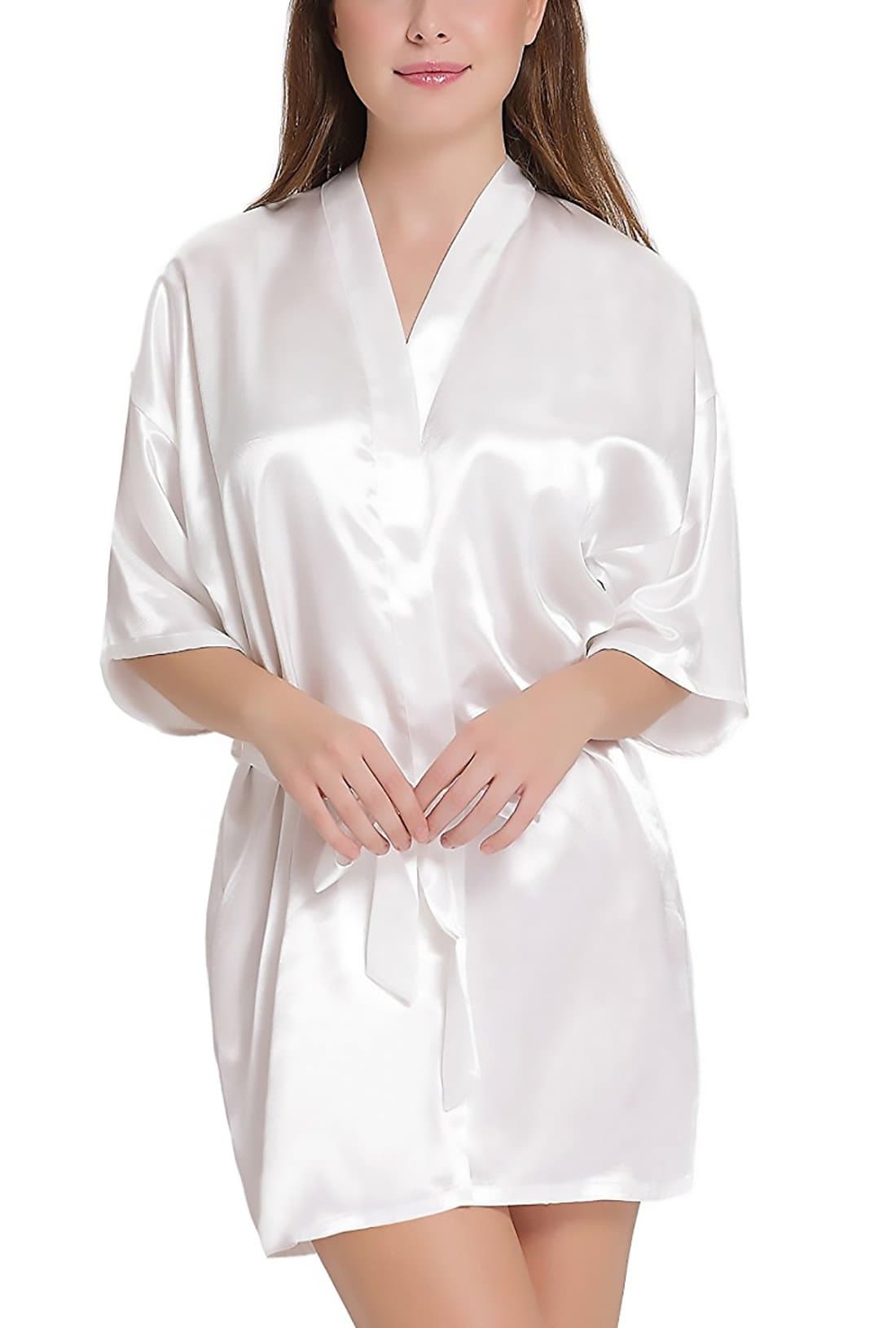 Xs and Os Women Satin Babydoll Belted Kimono Robe (Free Size, Off-White)