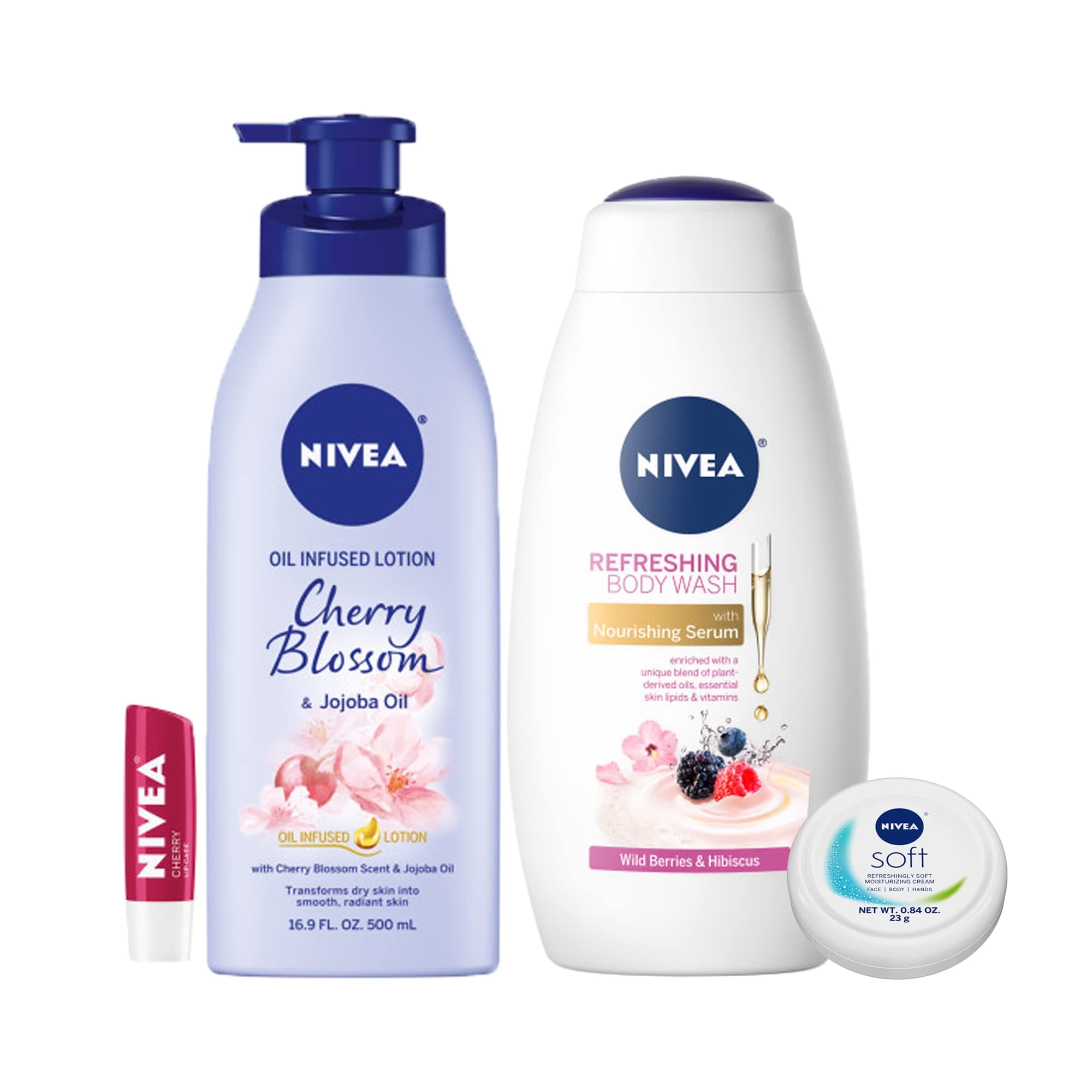 NIVEA Fresh and Fruity Self-Care Kit - 4 Piece Bundle with Body Lotion, Body Wash, Lip Balm, and Moisturizing Body Cream