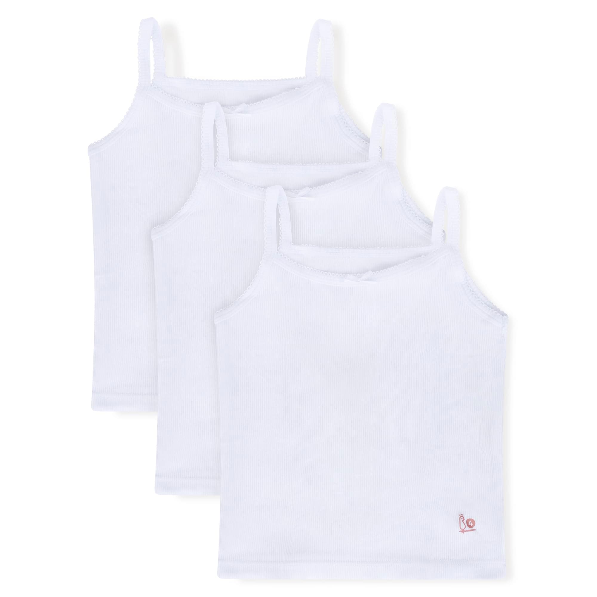 Feathers Girls Solid White Snug Fit Tagless Cami Vest - 100% Cotton Super Soft Undershirts (3/Pack)