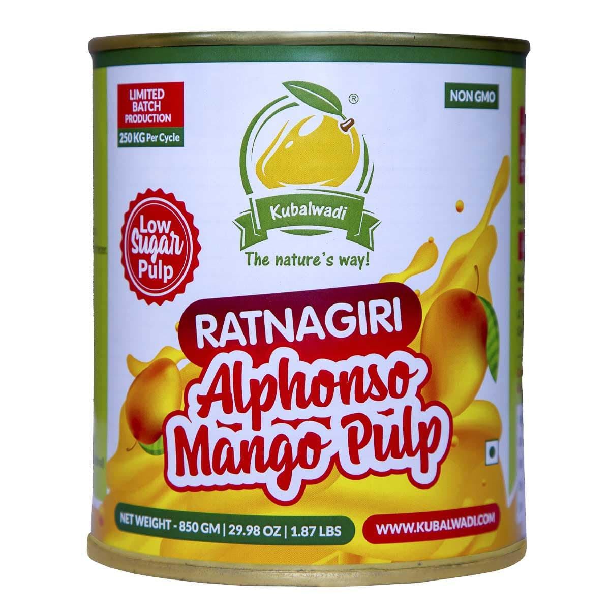 Kubalwadi Low Sugar Ratnagiri Alphonso Mango Pulp | Aamras | No Preservatives | Gi Tagged Alphonso Mangoes | Export Quality | Natural 850Gm, Fresh