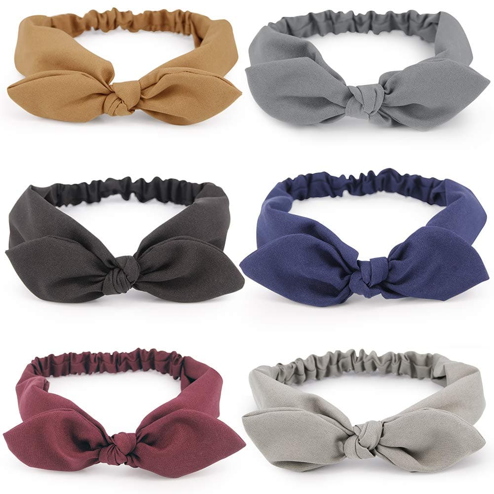 Hogoo 6 Pcs Bow Headbands for Women Cute Headband Vintage Solid Color Stretchy Hair Bands Fashion Turban Fabric Headwrap Hair Accessories for Women Girls