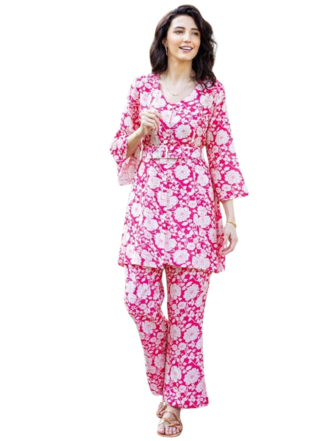 NAINVISH Cotton Blend Co-Ord Set | Women Co-ord Set | Fancy Top & Pant Set | 2 Piece Dress for Women | Floral Printed Top & Pant Set | Full Pair Set