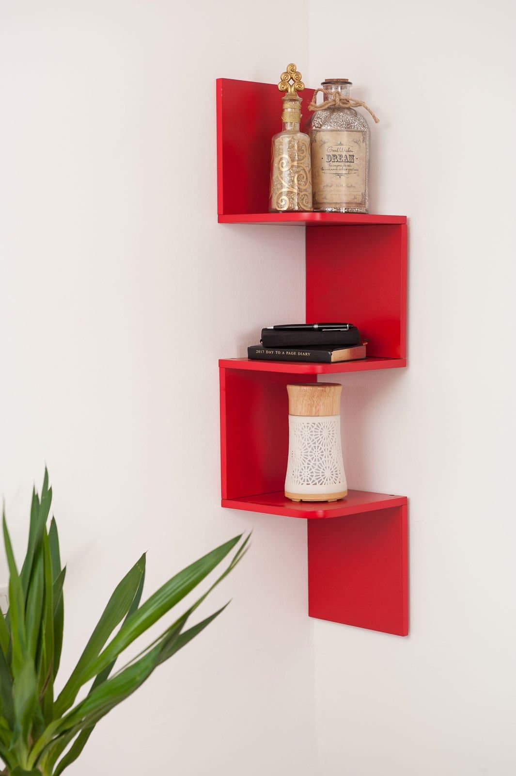 Floating Wall Mounted Corner ZigZag Shelf 3 Tier Storage Bookcase Display Unit Red