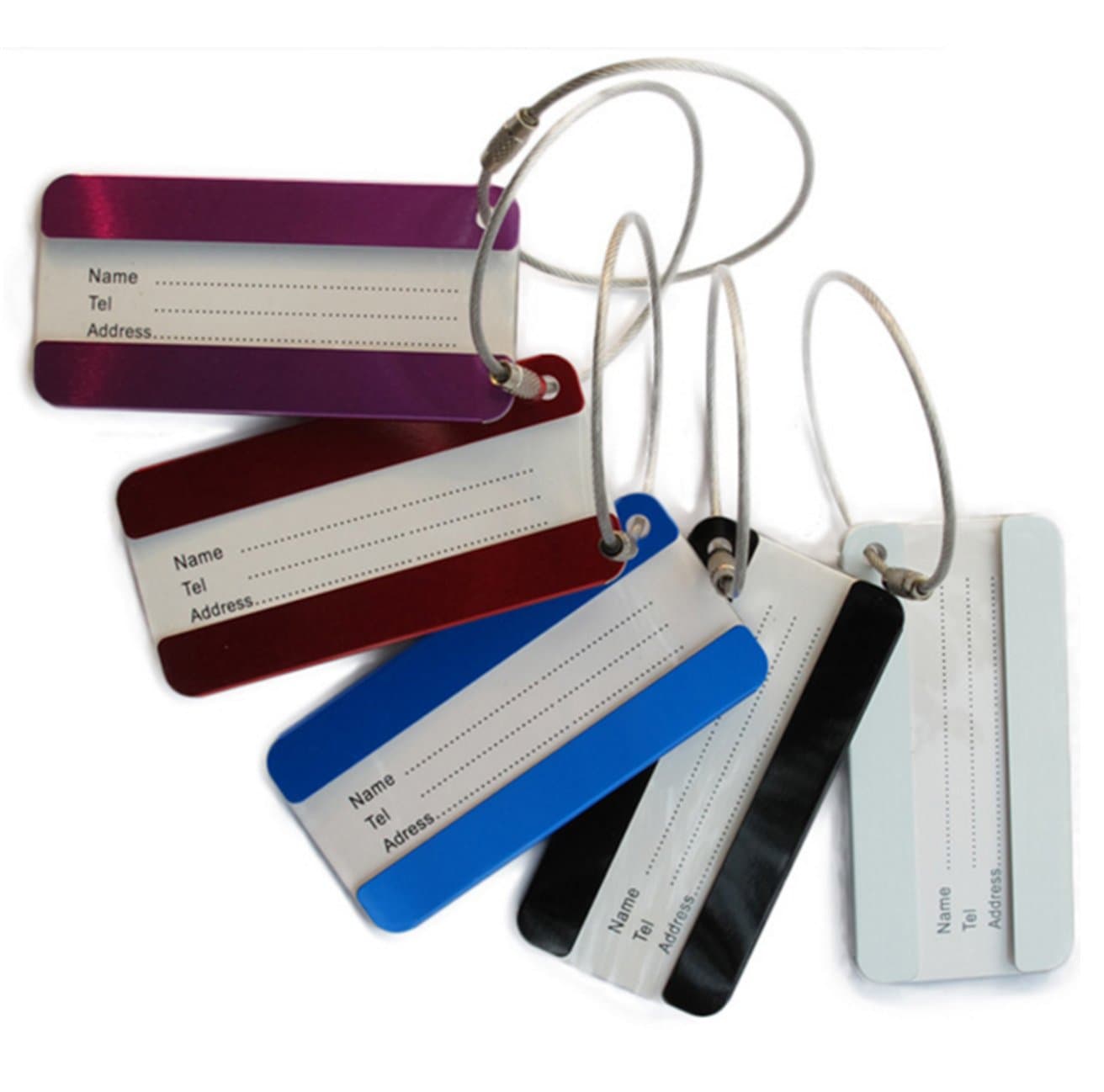 MYWHITENG Aluminium Alloy Luggage Tags Set of 5 | Luggage Identifier | Suitcase Tags | Handbag Tags | with Address Card, Stainless Steel Cable | Travel Accessories