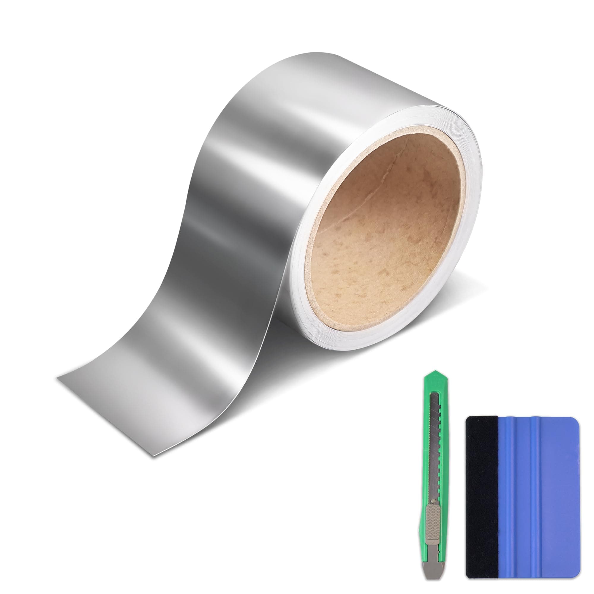 Gloss Silver Chrome Vinyl Tape, Vinyl Detailing DIY Wrap Tape with Tool Kit Air-Release Adhesive DIY Car Door Sill Window Trim Edge Guard Protective (2in x 30ft)