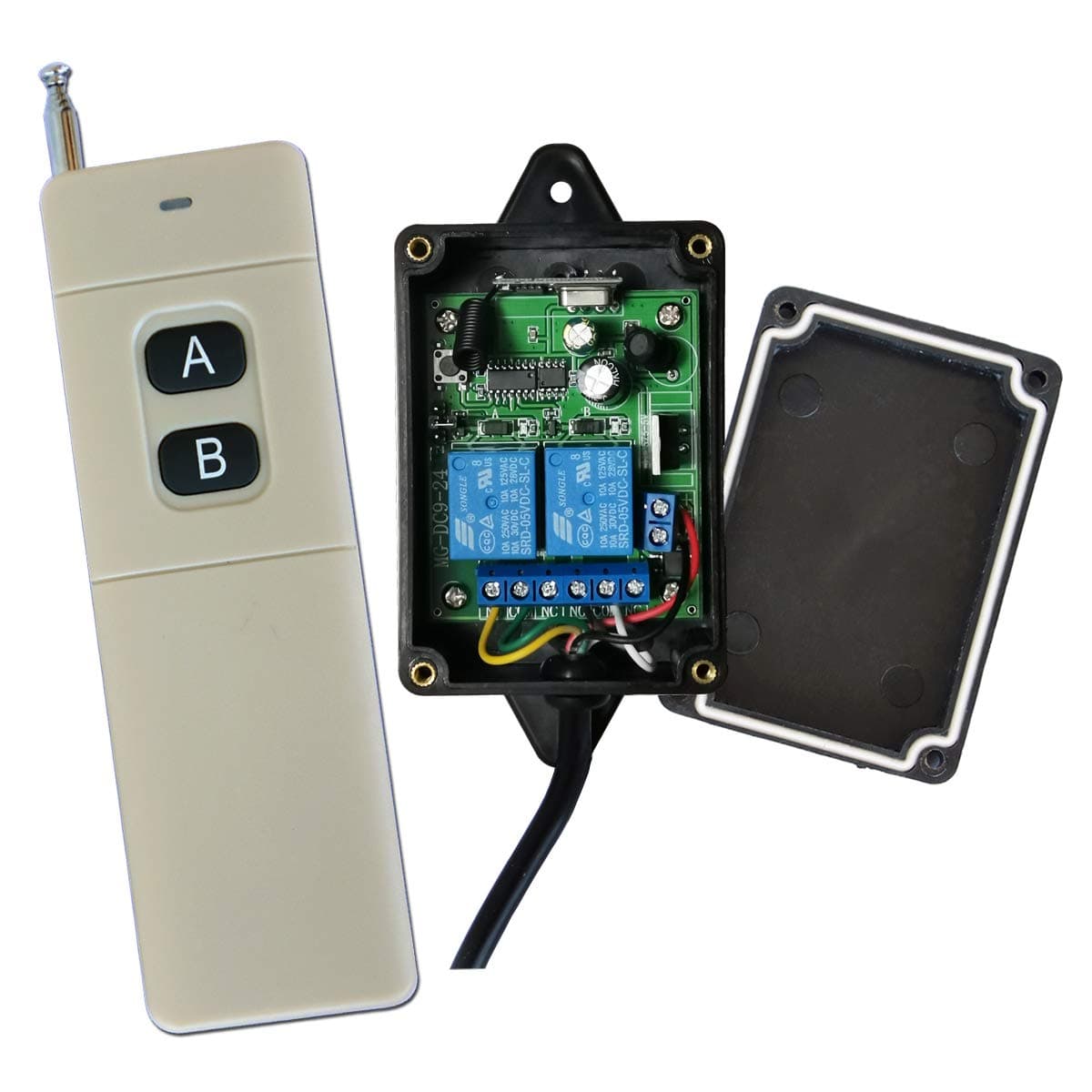 Universal Waterproof 2 Channel Relay 12V 24VDC/AC 2000FT(600m) Long Range Remote Control Switch for Lights, Water Pump, Heater, Garage Door Gate Opener, Pre-Wired 3.3 Feet External Receiver