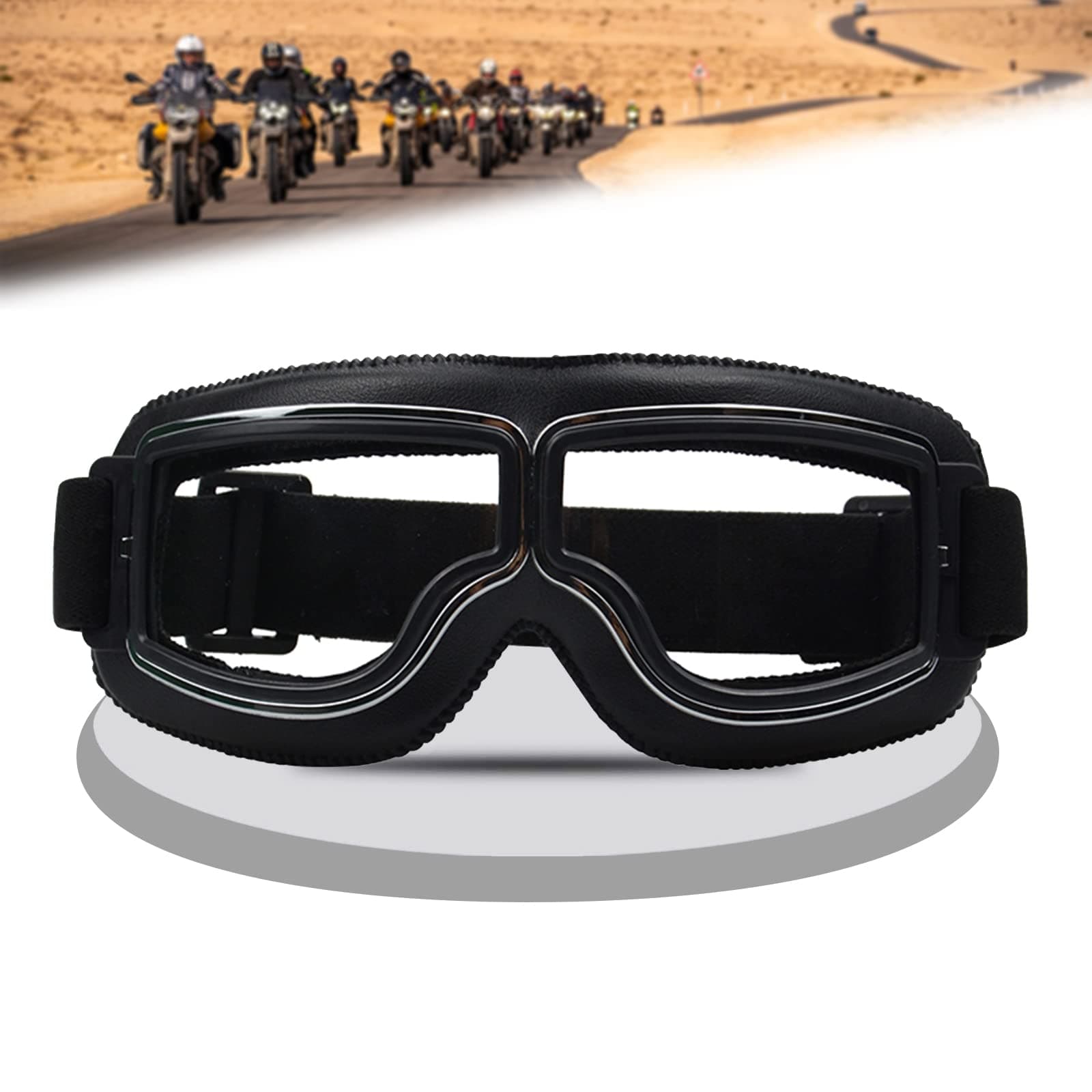 Motorcycle Goggles Vintage Aviator Style Anti Fog Anti-Scratch Dustproof Protective Pilot Glasses for Cruiser Scooter Ridding ATV Off-Road Motorbike Helmet Goggles (Black Frame, Clear Lens)