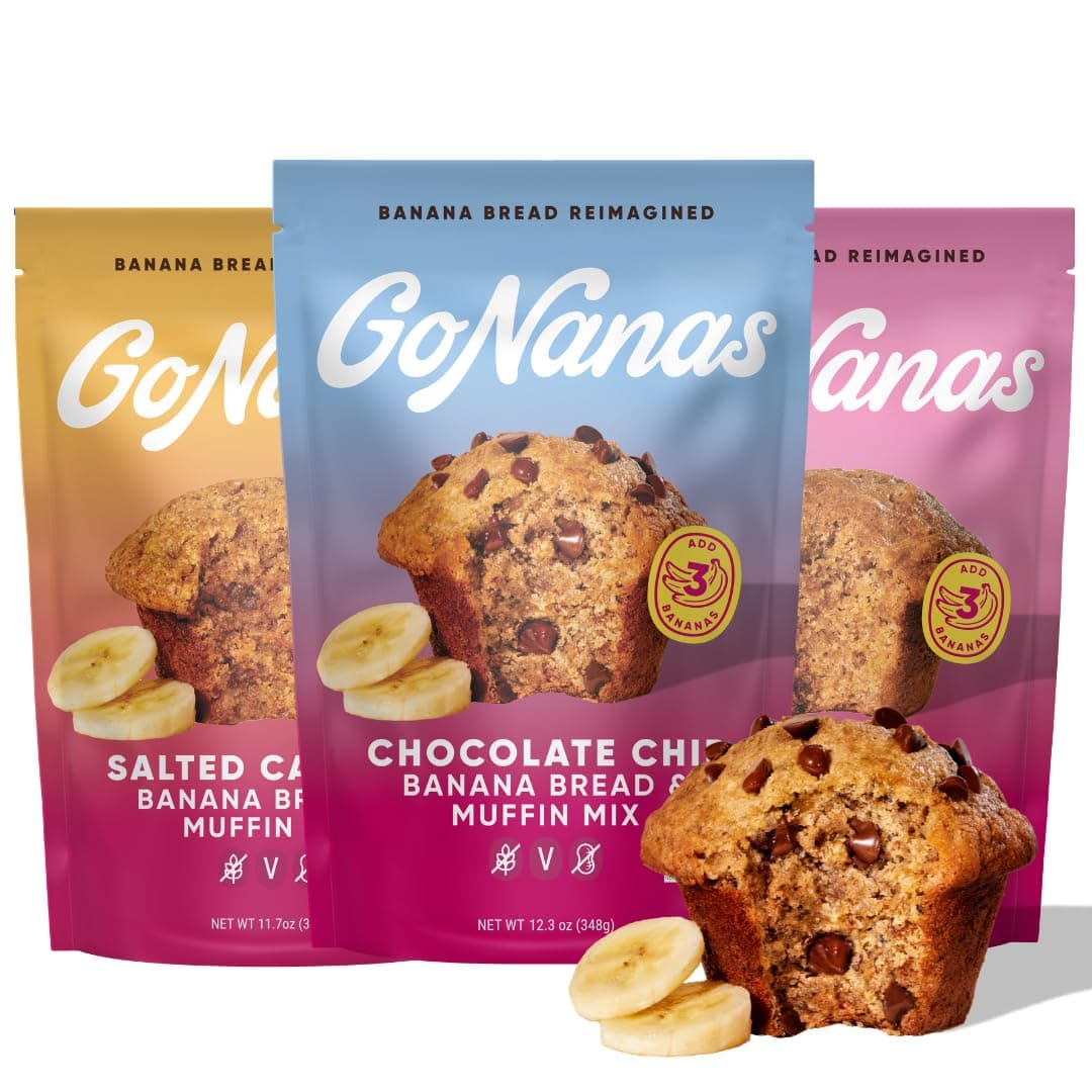 GoNanas Banana Bread Mix Variety Pack. Vegan, Gluten Free Healthy Snacks. Oat Flour Banana Bread or Banana Muffin Mix. Women Owned, US Ingredients, Dairy Free, Nut Free, Delicious Snacks (3 Pack)