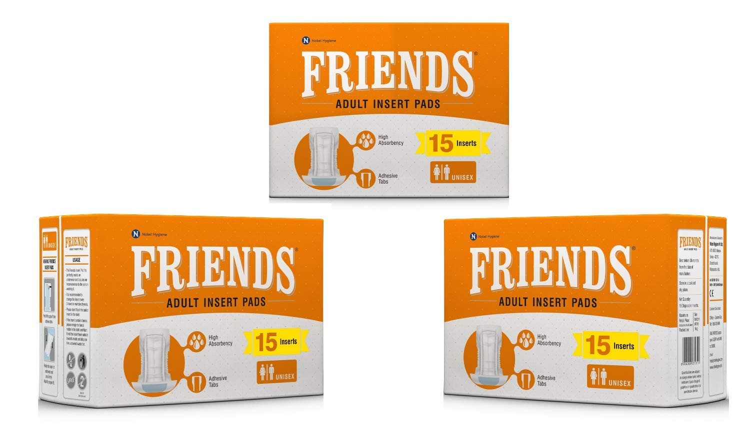 FRIENDS Unisex Disposable Adult Insert Pads - Pack of 3 (Each Pack 15 Pcs)