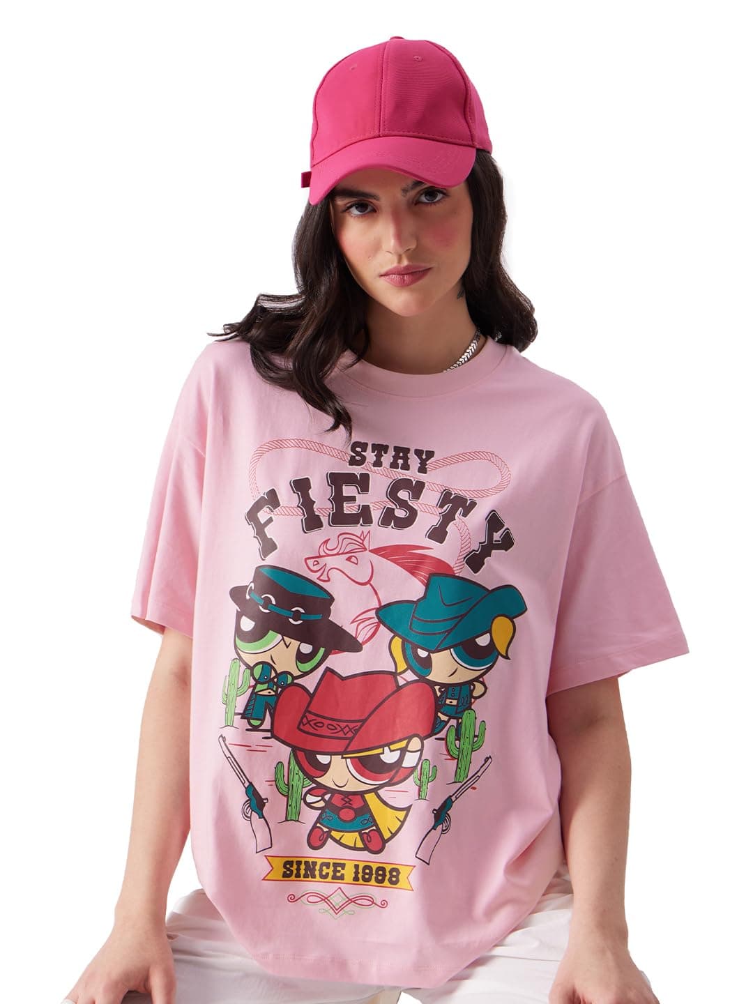 Powerpuff Girls: Stay Fiesty Womens Oversized Fit Graphic Printed Half Sleeve Cotton Pink Women Oversized T-Shirts