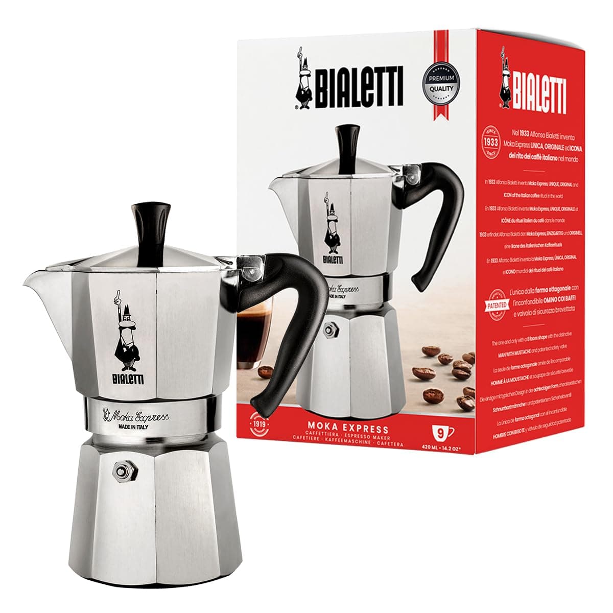 Bialetti - Moka Express: Iconic Stovetop Espresso Maker, Makes Real Italian Coffee, Moka Pot 9 Cups (14 Oz - 420 Ml), Aluminium, Silver