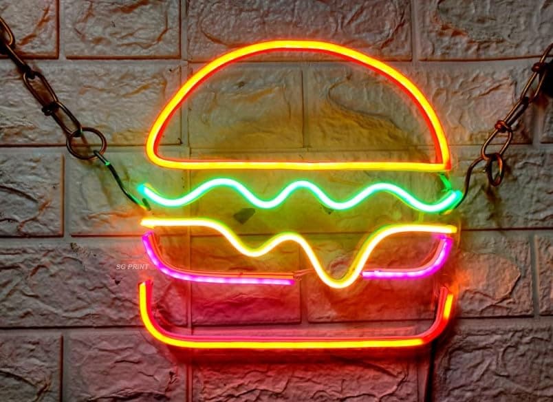 Wall Mitra Burger Neon Sign for Burger Shop Business, Food Neon Signs for Home, Bar, Restaurant, Food Shop, Advertising Neon Sign for Wall Decor(12x14)
