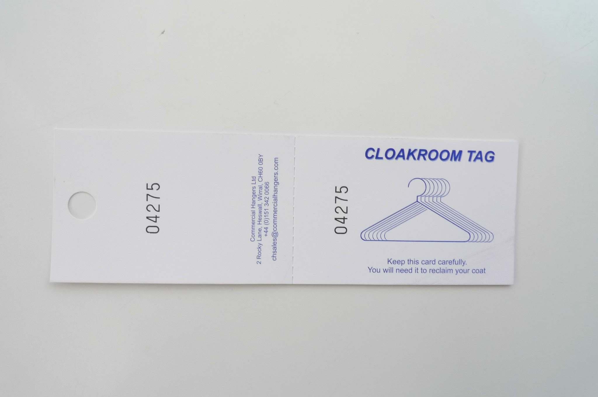 CT1000 Cloakroom Tickets (Pack of 1000 Cards) Numbers Printed on Two Section Perforated Card.