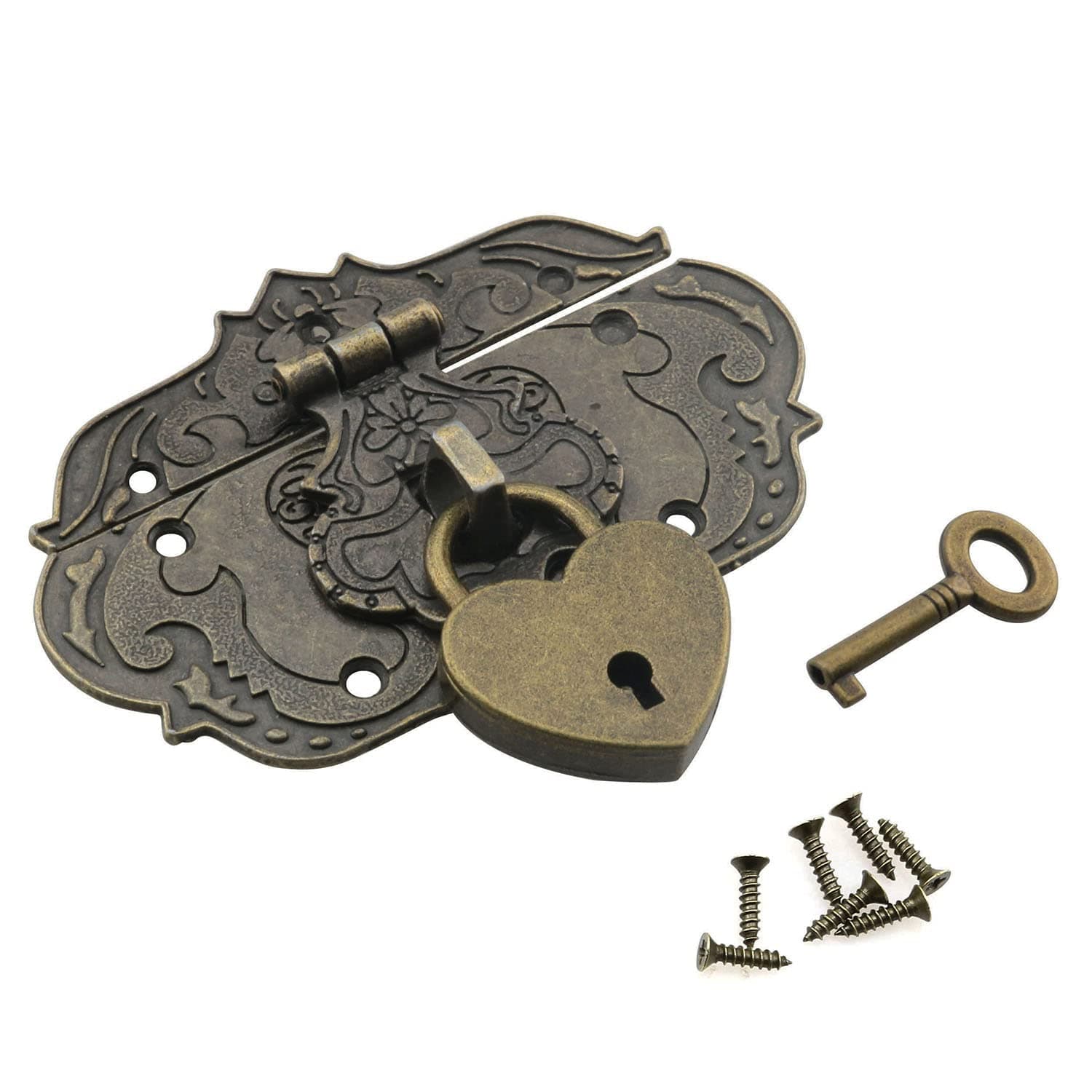 YHXiXiZinc Alloy Wooden Box Hasp Latch and Heart-Shaped Padlock with Key and Mounting Screws for Jewelry Trinket Box, Bronze
