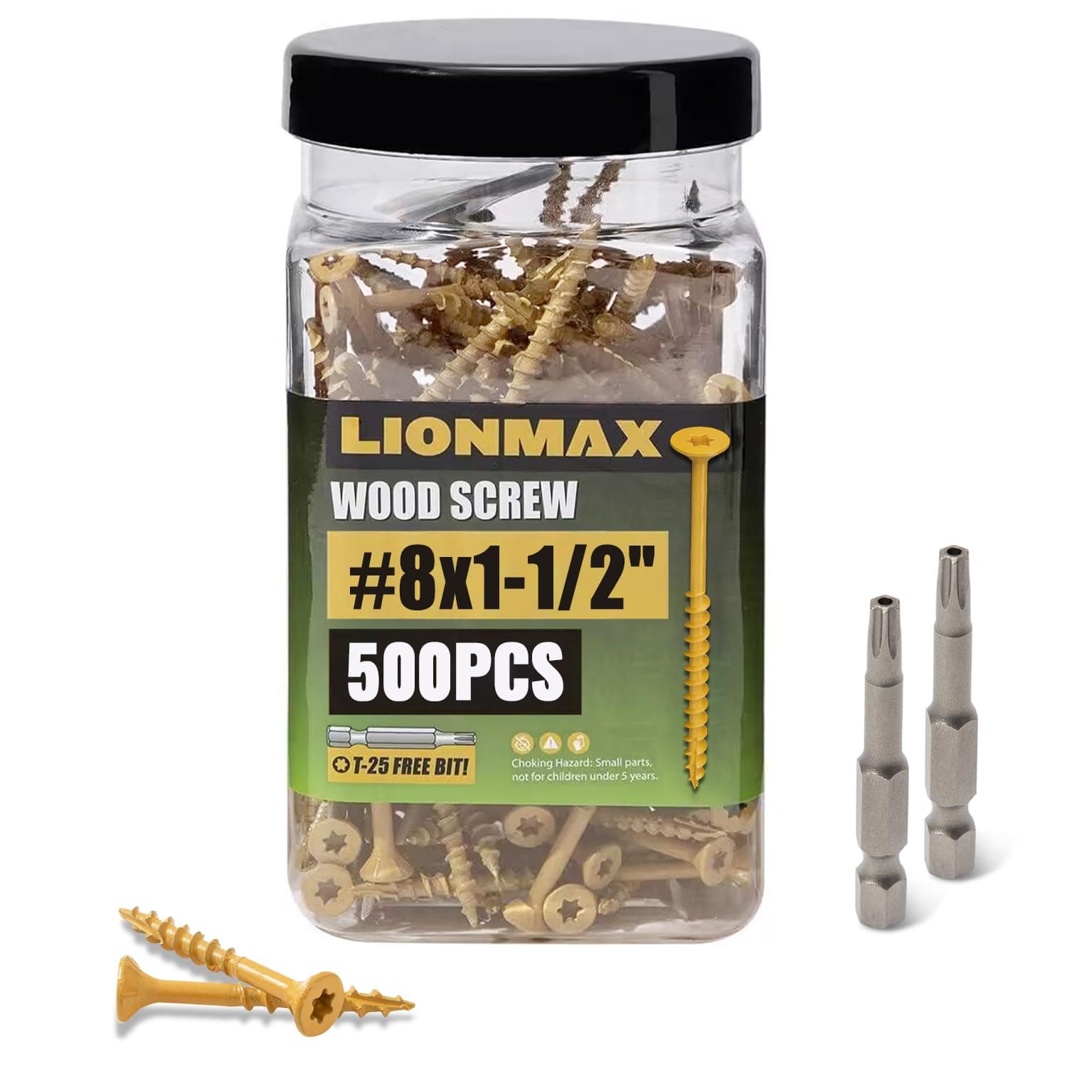 LIONMAX Wood Screws 1-1/2 Inch, Deck Screws #8 x 1-1/2", 500 PCS, Rust Resistant, Epoxy Coated, Exterior Wood Screw, Outdoor Decking Screws, Torx/Star Drive Head, T25 Star Bit Included, Tan