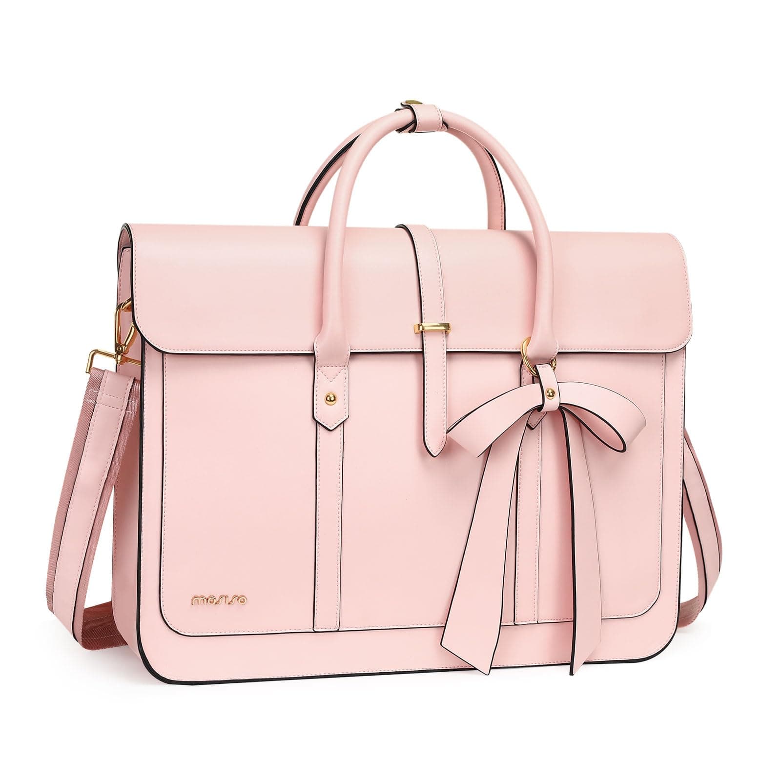 MOSISO Laptop Bag for Women, 15-15.6 inch PU Leather Laptop Shoulder Bags Convertible Backpack, 16 inch Messenger Bags Casual Handbag Work Briefcase Travel Computer Bag with Bowknot, Pink