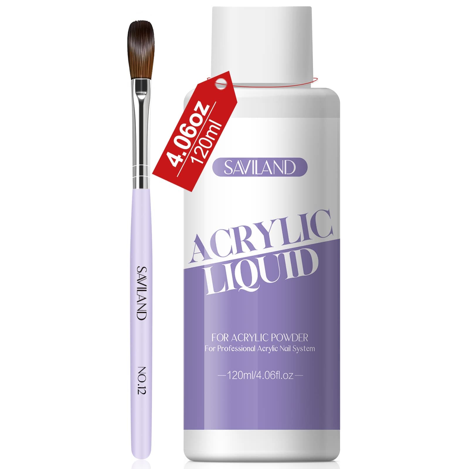 SAVILAND Monomer Acrylic Nail Liquid: 4 oz Acrylic Liquid Monomer with #12 Acrylic Nail Brush for Acrylic Powder Application, Non-Yellowing Acrylic Nail Monomer Liquid for DIY Home & Nail Salon Use