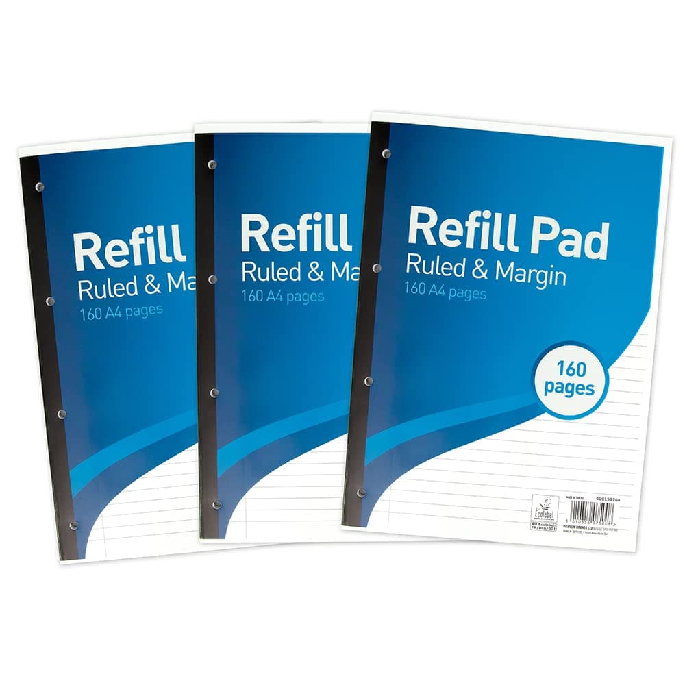 Lined Paper A4 Refill Pad, 160 Page, Pack of 3, Blue