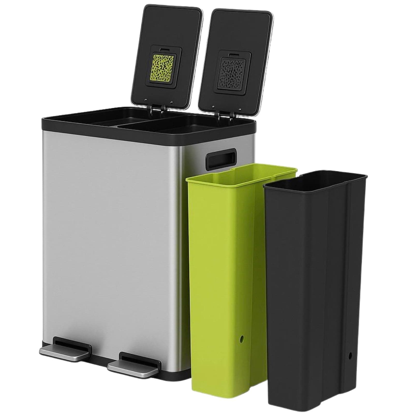 Simpli-Magic 60 Liter / 16 Gallon Rectangular Hands-Free Dual Compartment Recycling Kitchen Step Trash Can with Soft-Close Lid, Brushed Stainless Steel (30L x 30L Capacity)