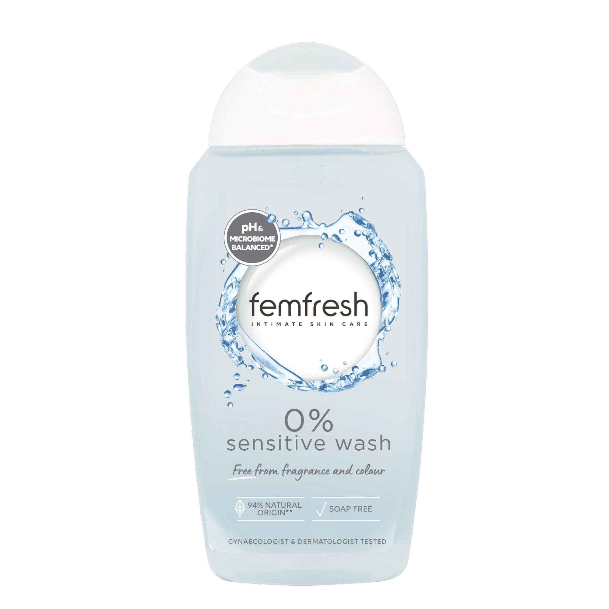 Femfresh 0% Sensitive Intimate Wash, Feminine Hygiene Shower & Bath Gel Cleanser, pH Balanced, Soap & Fragrance Free Feminine Wash, Vegan Formula with Lotus Flower Extract, 250ml