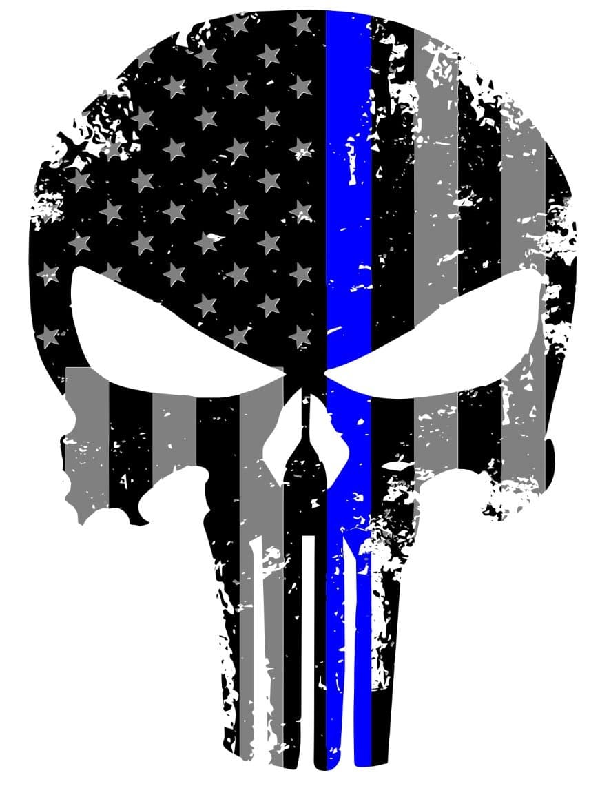 K9King Punisher Skull 5.5 x 4 Inch Tattered Subdued Us Flag Reflective Decal with Thin Line for Cars, Trucks, Laptops and more Thin Blue Line Sticker Police US Flag Enforcement Blue Lives Matter