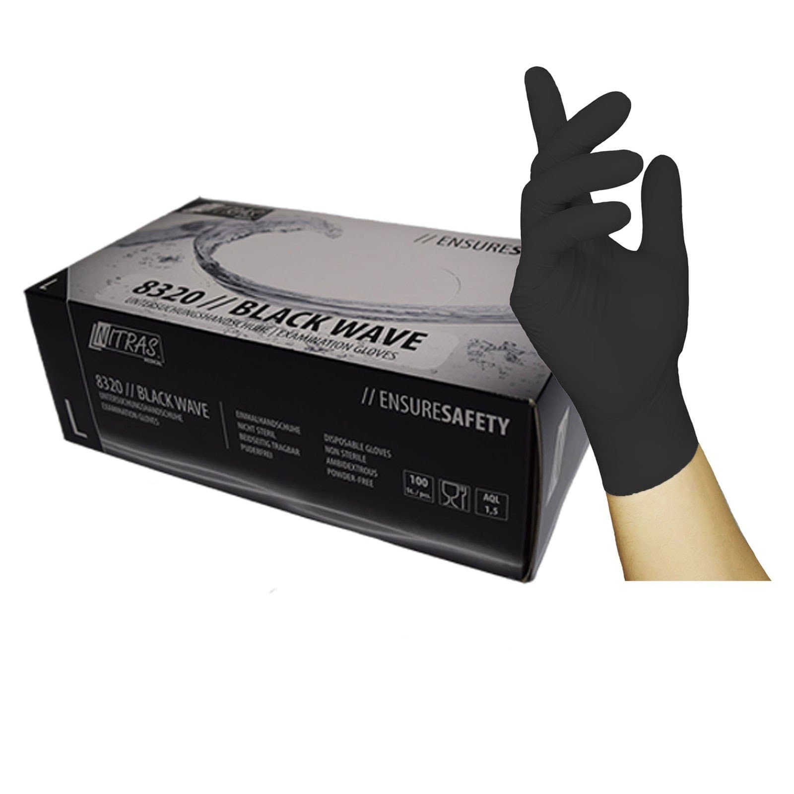 Nitras Medical 8320 Black Wave Nitrile Disposable Gloves, Black, Size L. Pack of 100