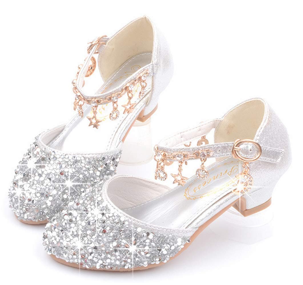 GOJERPLFHT Little Kids Girls Dress Pumps Glitter Sequins Princess Low Heels Mary Jane Party Dance Shoes Rhinestone Sandals