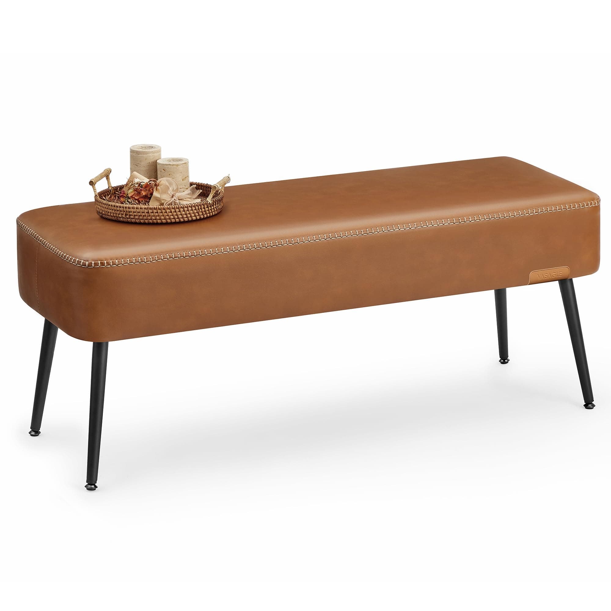 VASAGLE EKHO Collection - Bench for Entryway Bedroom, Synthetic Leather with Stitching, Ottoman Bench with Steel Legs, Living Room, Mid-Century Modern, Loads 660 lb, Caramel Brown ULOM076K01