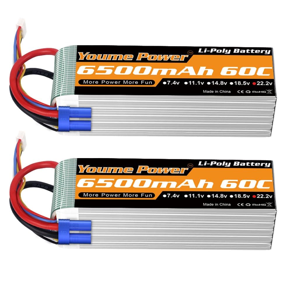 Youme 6S Lipo Battery EC5, 2Packs 22.2V RC LiPo Battery 6500mAh 60C with EC5 Plug for Arrma 1/7 1/8 RC Car Truck DJI E-Flite Align Airplane Quadcopter Helicopter