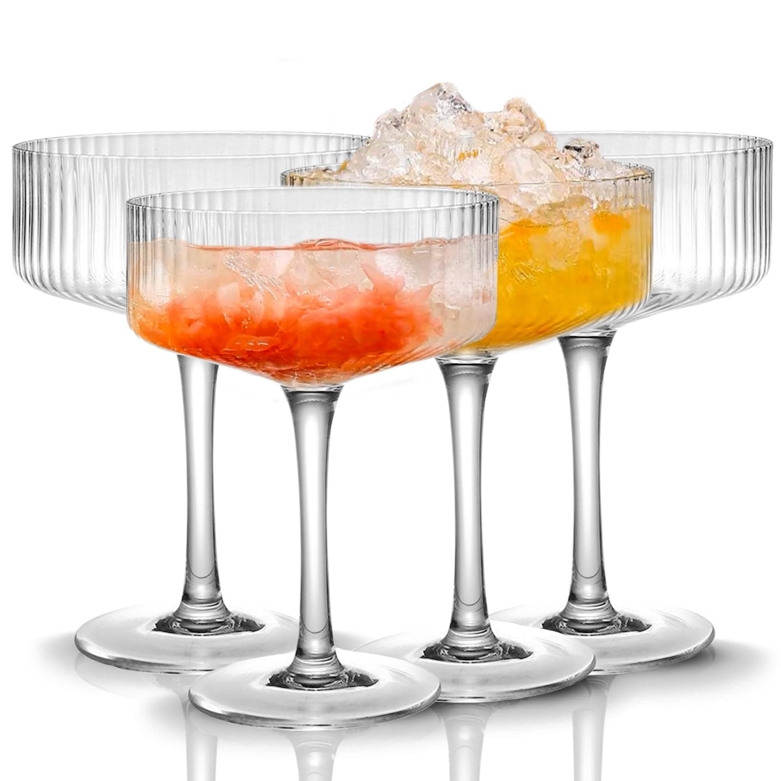 Qipecedm 4 Pcs Ribbed Coupe Glasses, 10 oz Vintage Coupe Glass Set, Unique Martini Glass, Classic Cocktail Galssware, Bar Drinking Glasses Set Pefect for Cocktail, Wine, Champagne & Gift