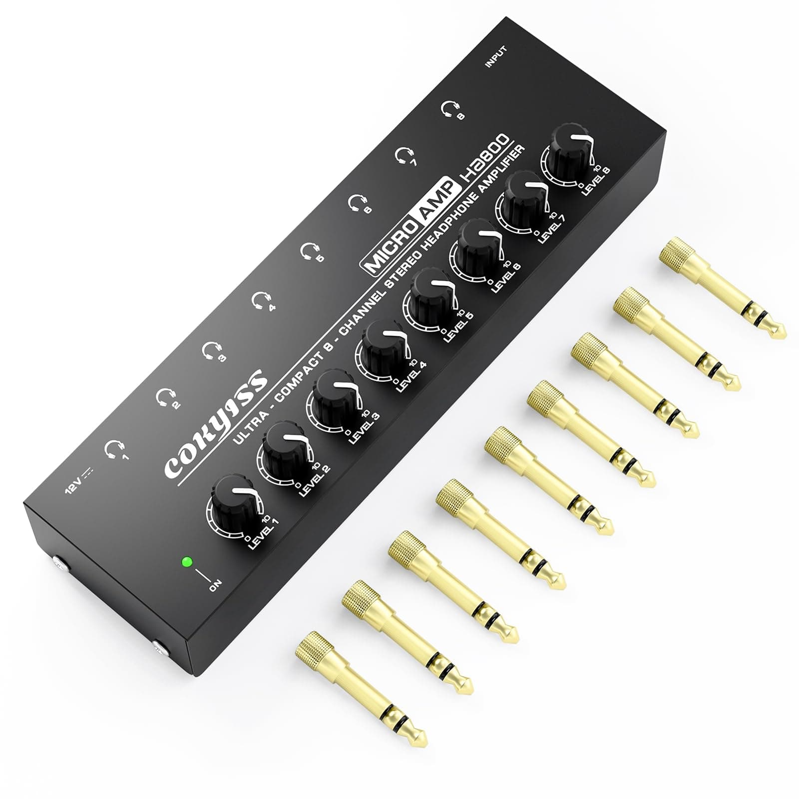 COKYISS Headphone Amplifier,8 Channel Stereo Headphone Amp,Portable Metal Earphone Splitter,with Built-in Equalizer,w/8 1/4" TRS Headphones Output and 1/4' TRS Audio Input for Sound Mixer